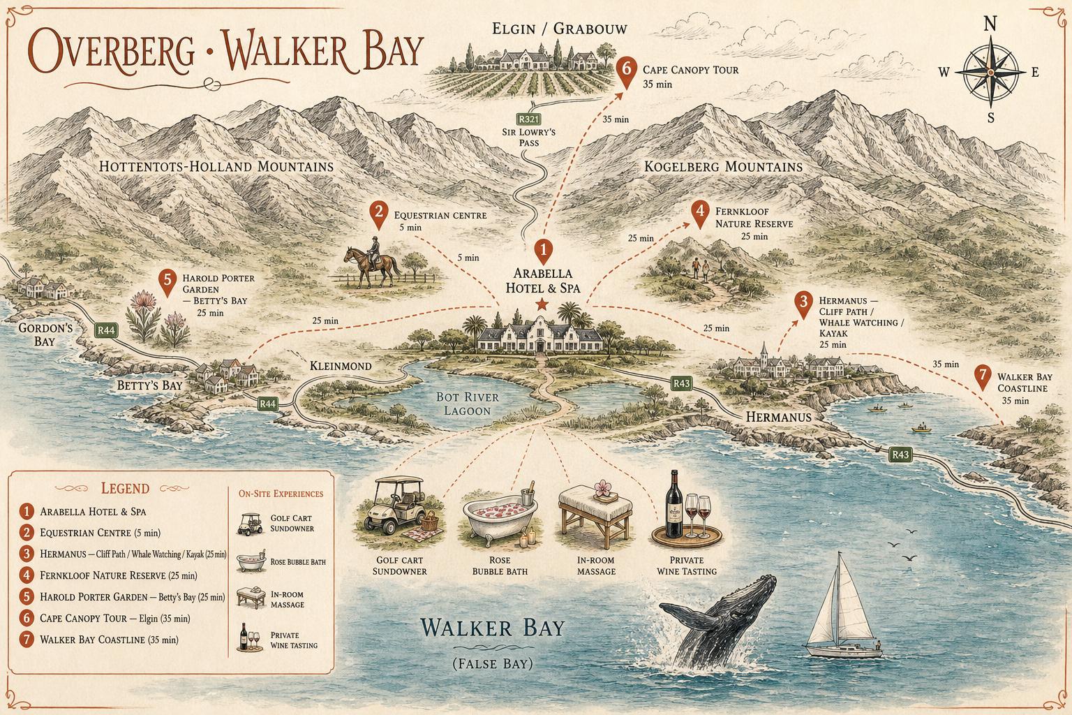 Illustrated map of the Overberg, Walker Bay and surrounding activity locations with transfer times from Arabella Hotel & Spa